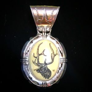 Native American Elk Scrimshaw/Silver Pendant